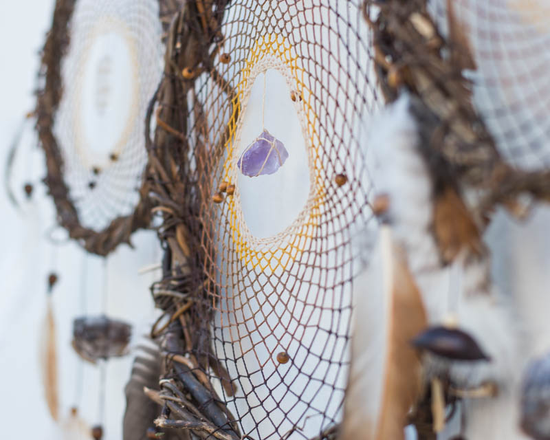 Native American Style Wall Hanging: Harmony Infused Dreamcatcher Trio on Willow Branch with 6 Energizing Crystals