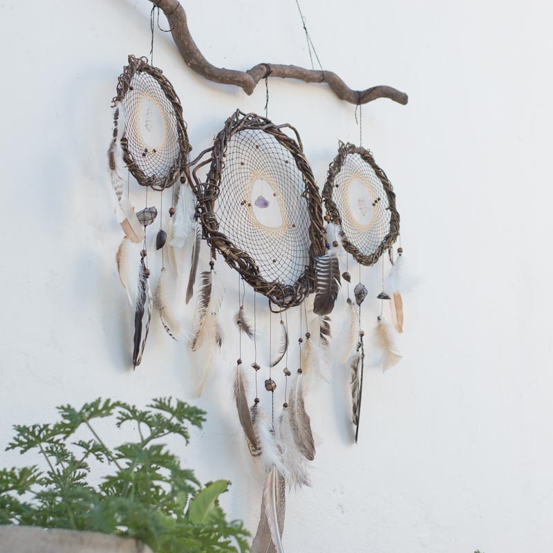 Native American Style Wall Hanging: Harmony Infused Dreamcatcher Trio on Willow Branch with 6 Energizing Crystals