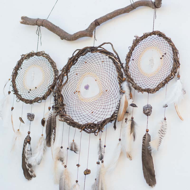 Native American Style Wall Hanging: Harmony Infused Dreamcatcher Trio on Willow Branch with 6 Energizing Crystals