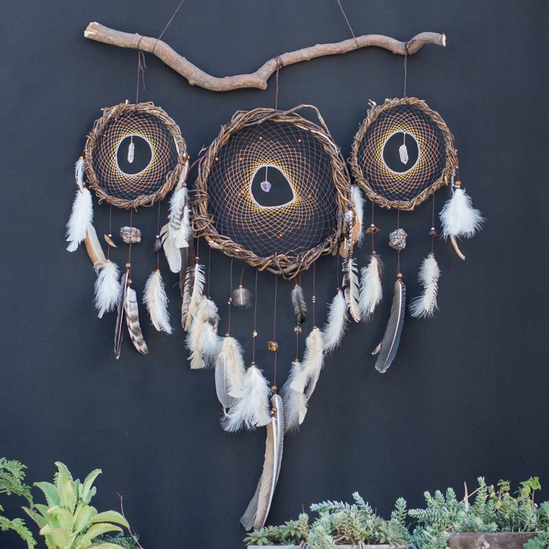 Native American Style Wall Hanging: Harmony Infused Dreamcatcher Trio on Willow Branch with 6 Energizing Crystals