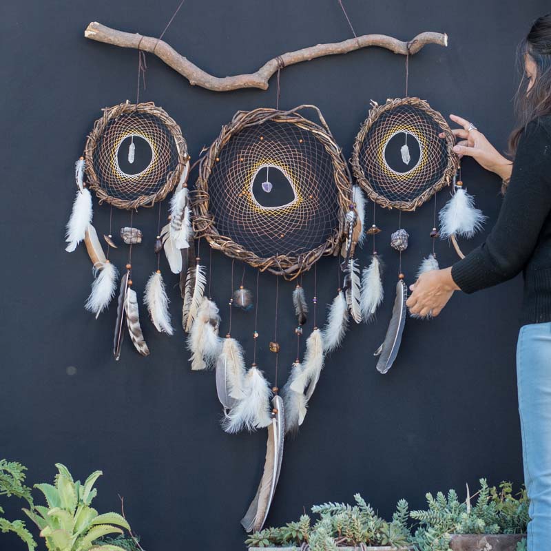 Native American Style Wall Hanging: Harmony Infused Dreamcatcher Trio on Willow Branch with 6 Energizing Crystals