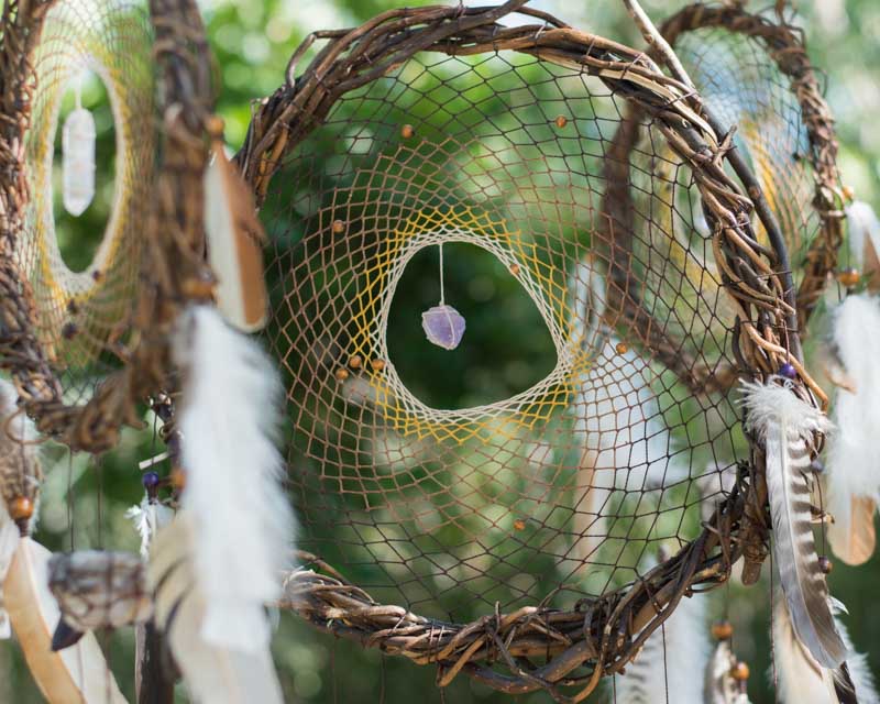 Native American Style Wall Hanging: Harmony Infused Dreamcatcher Trio on Willow Branch with 6 Energizing Crystals