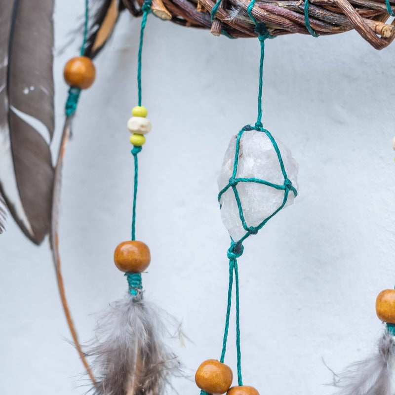 Unique Wooden Dreamcatcher with Crystals, Boho Decor for Sleep Protection, Shamanic Spiritual Decor, Perfect for Above Bed