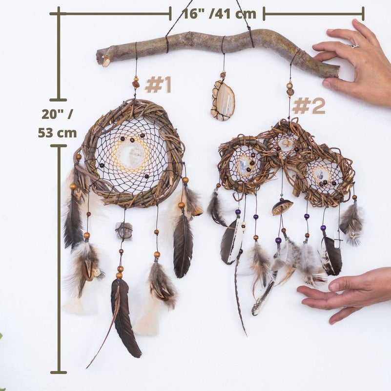 Set of Dreamcatchers with 7 Healing Gemstones, Including Agate | Eco-Friendly Driftwood for Spiritual & Protective Wall Decor