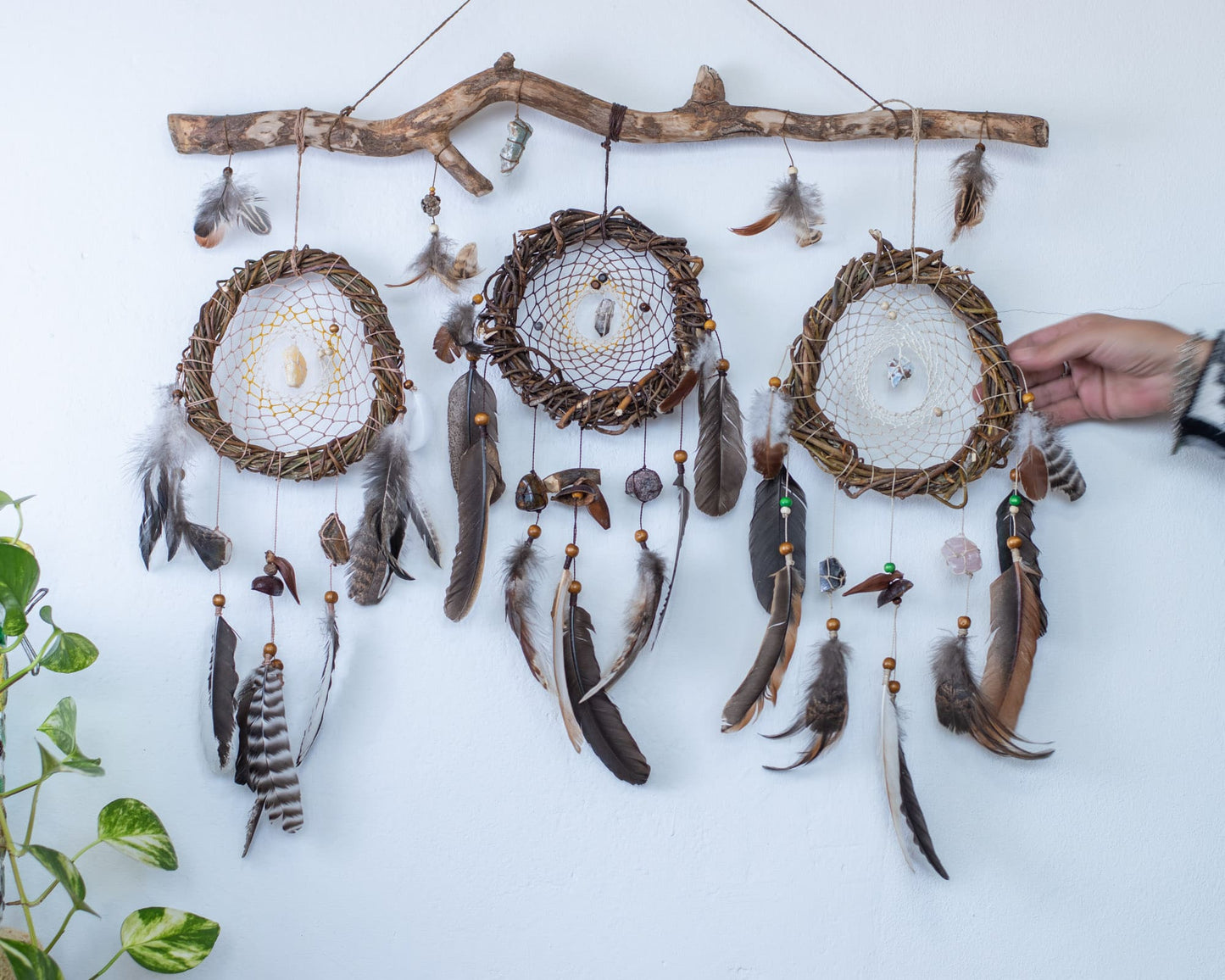 Set of 3 Handmade Dreamcatchers with 10 Gemstones on Willow Branch (Driftwood-Inspired) - Eco-friendly, Natural Materials - 24x20in