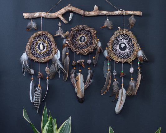 Set of 3 Handmade Dreamcatchers with 10 Gemstones on Willow Branch (Driftwood-Inspired) - Eco-friendly, Natural Materials - 24x20in