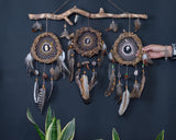 Set of 3 Handmade Dreamcatchers with 10 Gemstones on Willow Branch (Driftwood-Inspired) - Eco-friendly, Natural Materials - 24x20in