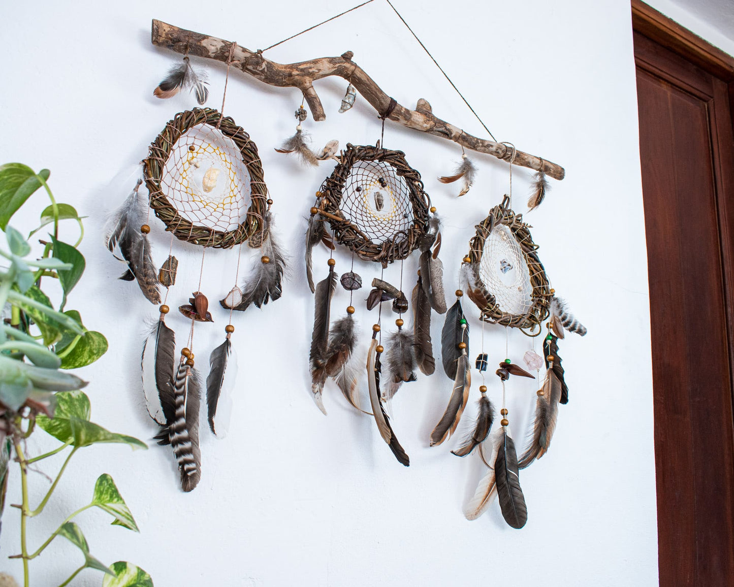 Set of 3 Handmade Dreamcatchers with 10 Gemstones on Willow Branch (Driftwood-Inspired) - Eco-friendly, Natural Materials - 24x20in