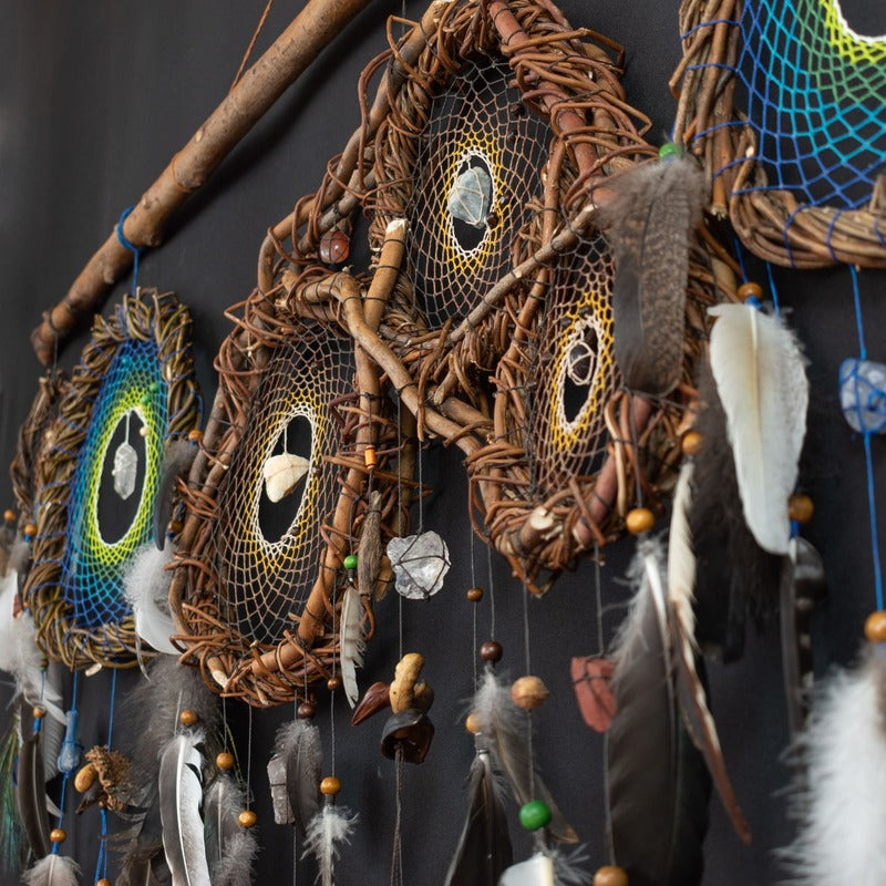 Native-Inspired Dreamcatcher – Handmade Willow for Spiritual Protection - 19 Healing Crystals & Peacock Feathers -Boho Style