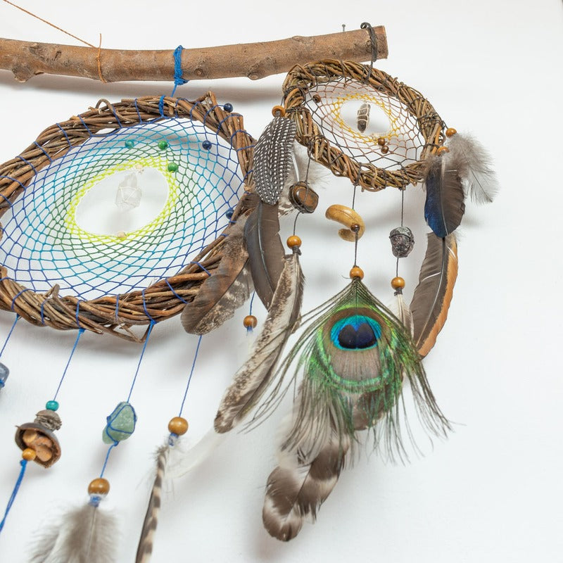 Native-Inspired Dreamcatcher – Handmade Willow for Spiritual Protection - 19 Healing Crystals & Peacock Feathers -Boho Style