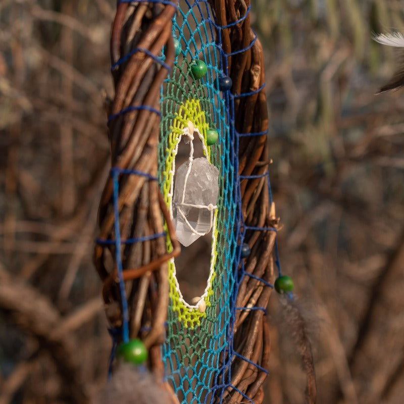 Native-Inspired Dreamcatcher – Handmade Willow for Spiritual Protection - 19 Healing Crystals & Peacock Feathers -Boho Style