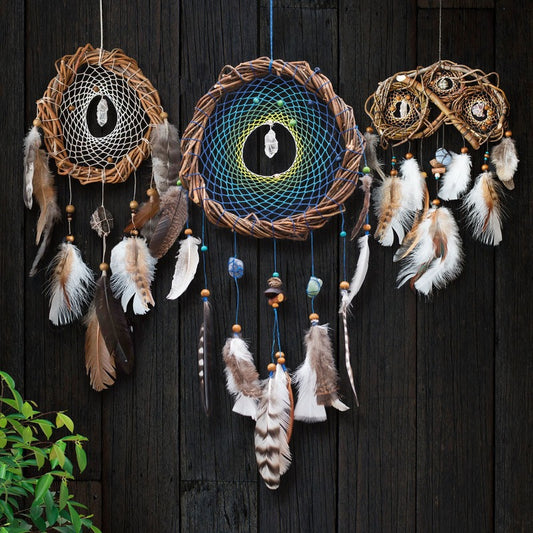 Handmade home decor real dream catcher, Wood dream catcher handmade set of 3, Wooden crystal dream catchers wall decor bedroom above bed