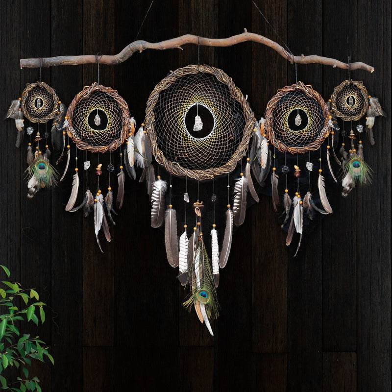 Custom Dreamcatcher Set of 5 – Wall Hanging Shamanic Art with Peacock Feathers, Gemstone Choice, Native American Inspired Decor