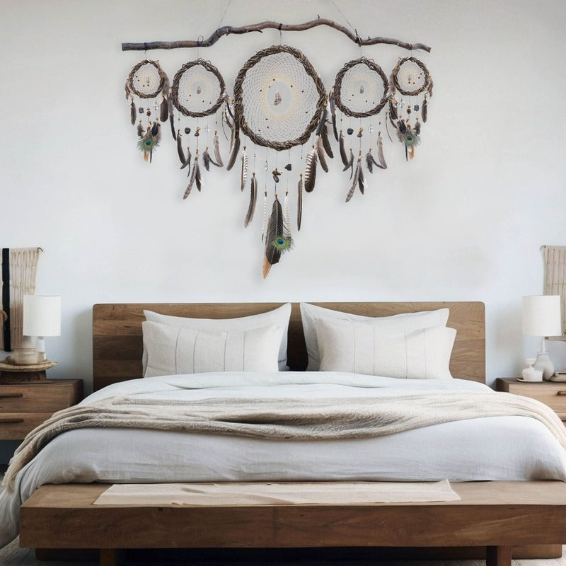 Custom Dreamcatcher Set of 5 – Wall Hanging Shamanic Art with Peacock Feathers, Gemstone Choice, Native American Inspired Decor