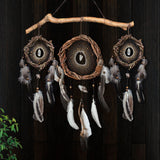 Décoration murale de style amérindien : trio d'attrape-rêves infusés d'harmonie sur une branche de saule avec 6 cristaux énergisants