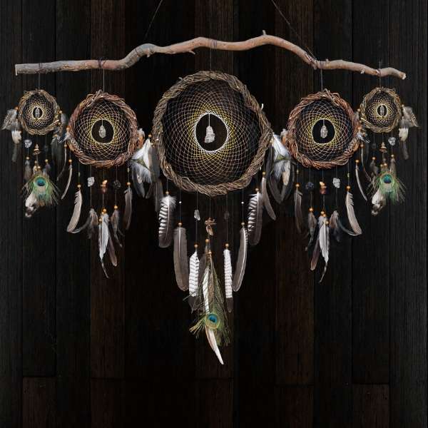 Custom Dreamcatcher Set of 5 – Wall Hanging Shamanic Art with Peacock Feathers, Gemstone Choice, Native American Inspired Decor