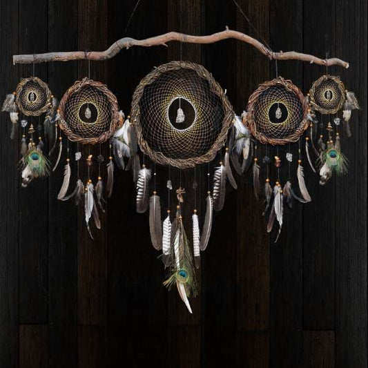 Custom Dreamcatcher Set of 5 – Wall Hanging Shamanic Art with Peacock Feathers, Gemstone Choice, Native American Inspired Decor