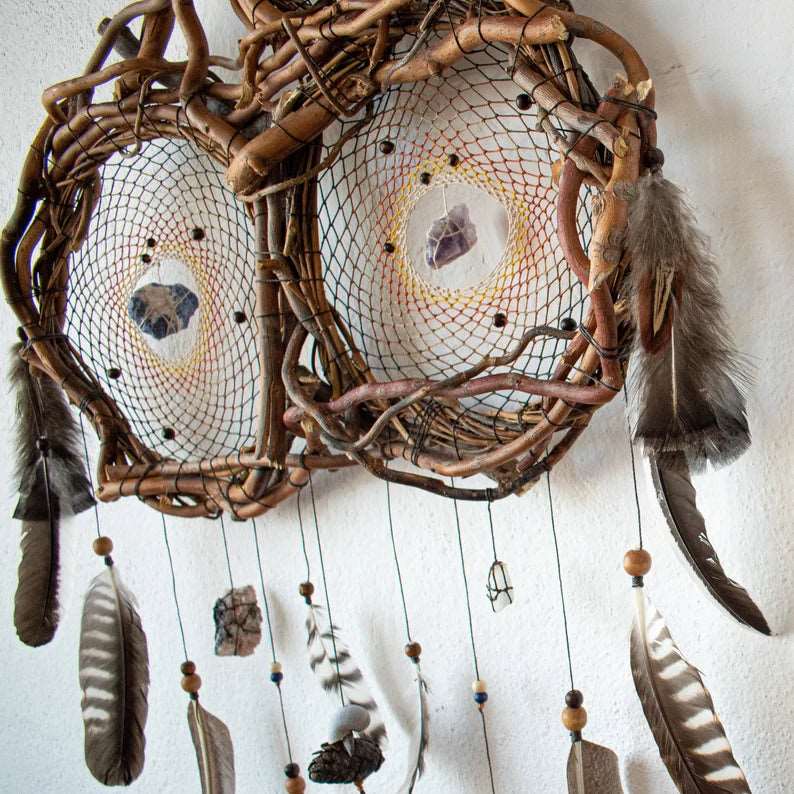Shaman stone Dreamcatcher with beautiful and interesting feathers, Personalized colored, Crystal Healing and clearing, Kid sleep protection ArMoniZar
