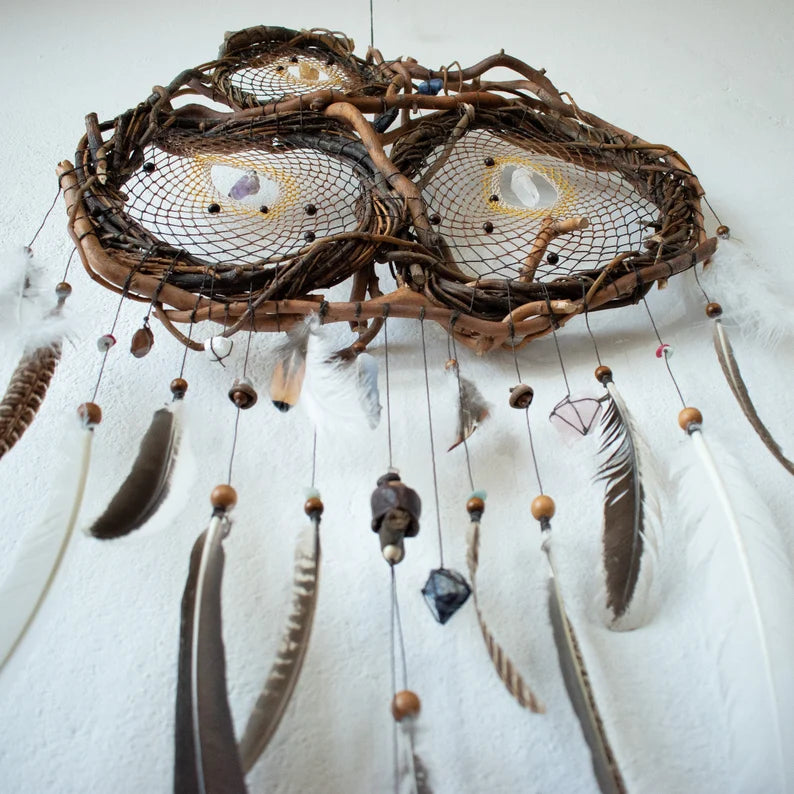 Shaman stone Dreamcatcher with beautiful and interesting feathers, Personalized colored, Crystal Healing and clearing, Kid sleep protection ArMoniZar
