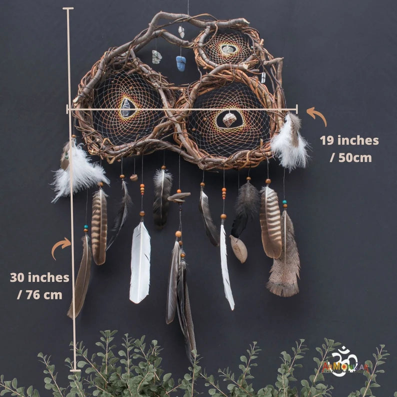 Shaman stone Dreamcatcher with beautiful and interesting feathers, Personalized colored, Crystal Healing and clearing, Kid sleep protection ArMoniZar