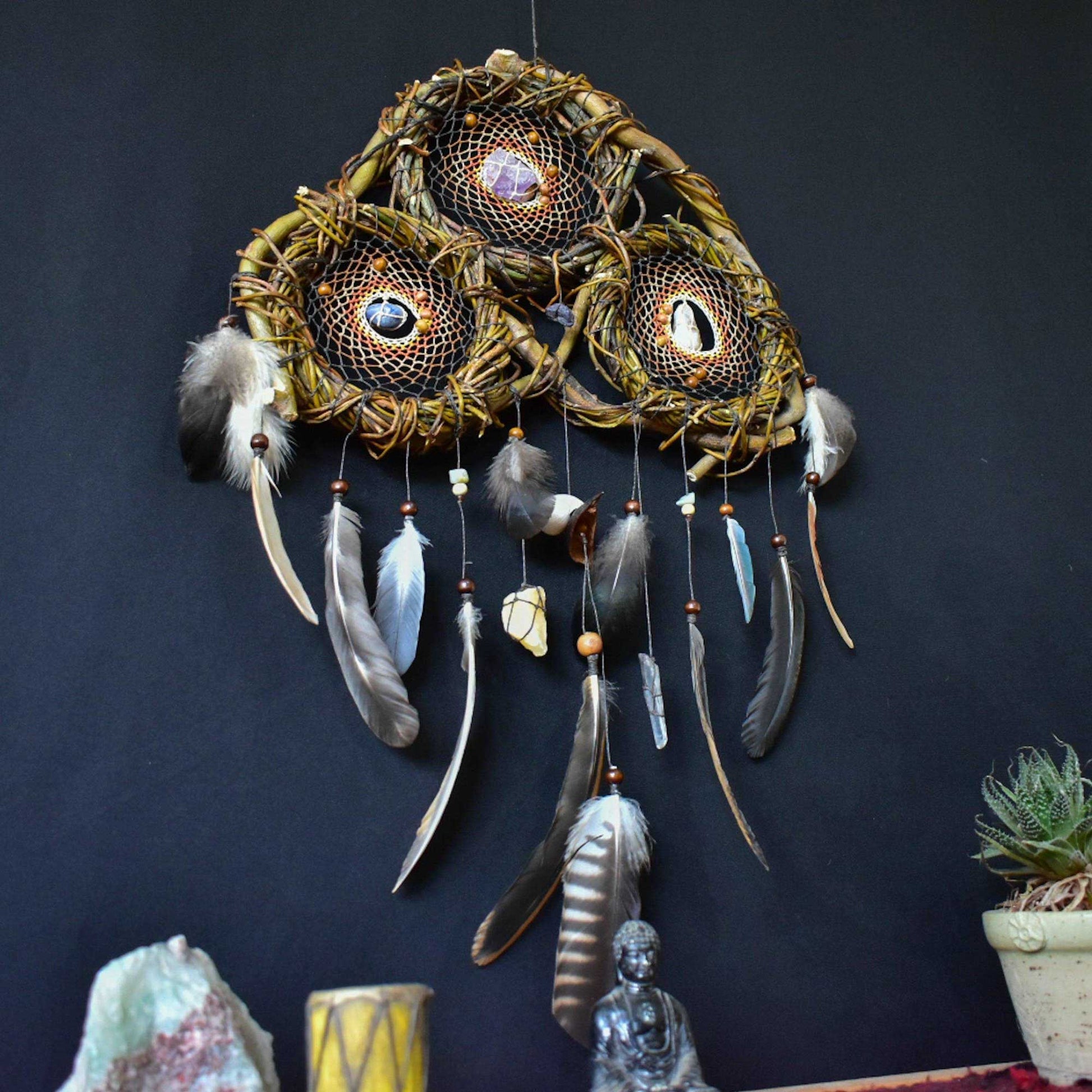 Wall dream catcher calming stones, boho rustic decor ArMoniZar