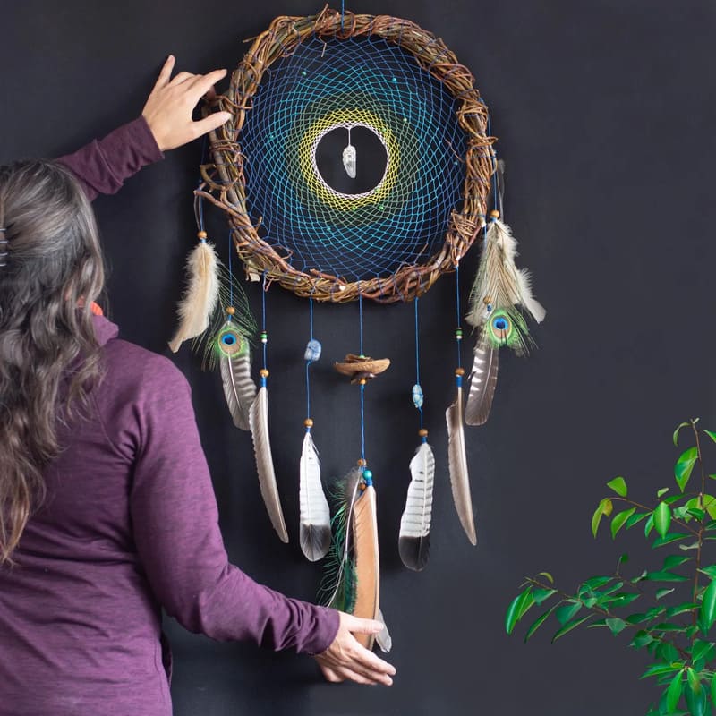 Wood Dreamcatcher natural stones Wall hanging large made from natural materials, Large Dreamcatcher for holistic space and bedroom decor