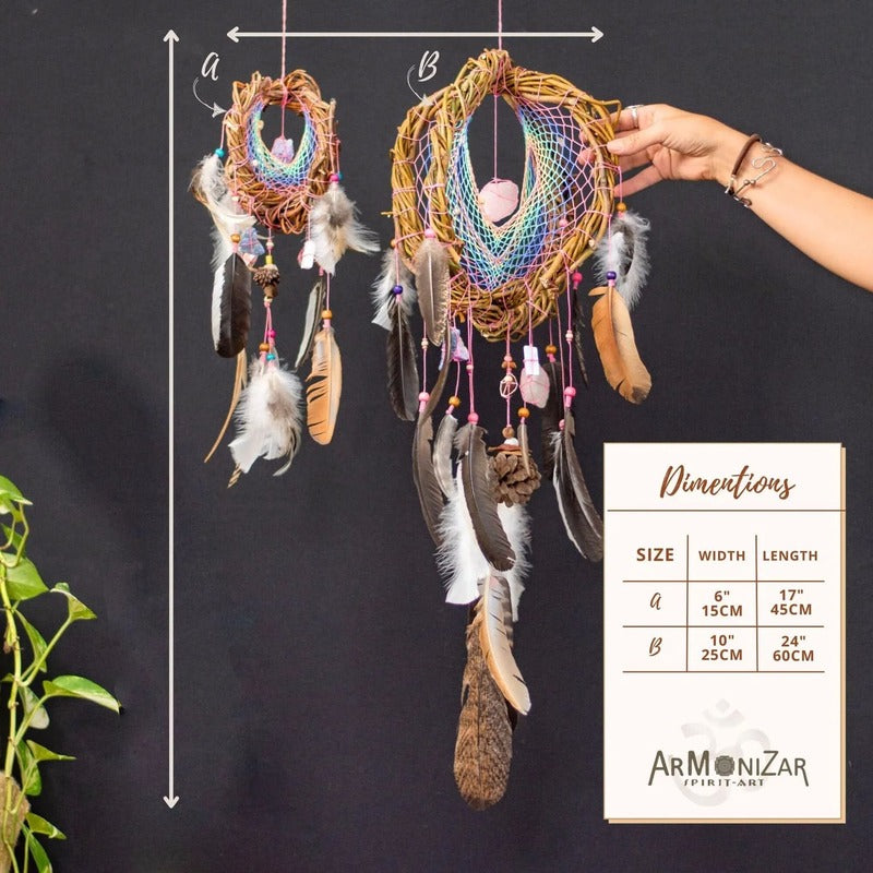 Positive Vibes Home Gift: Handmade 3D Dreamcatcher with Healing Crystals, Rainbow Pastel Decor for Chakra Balancing, Stress Relief