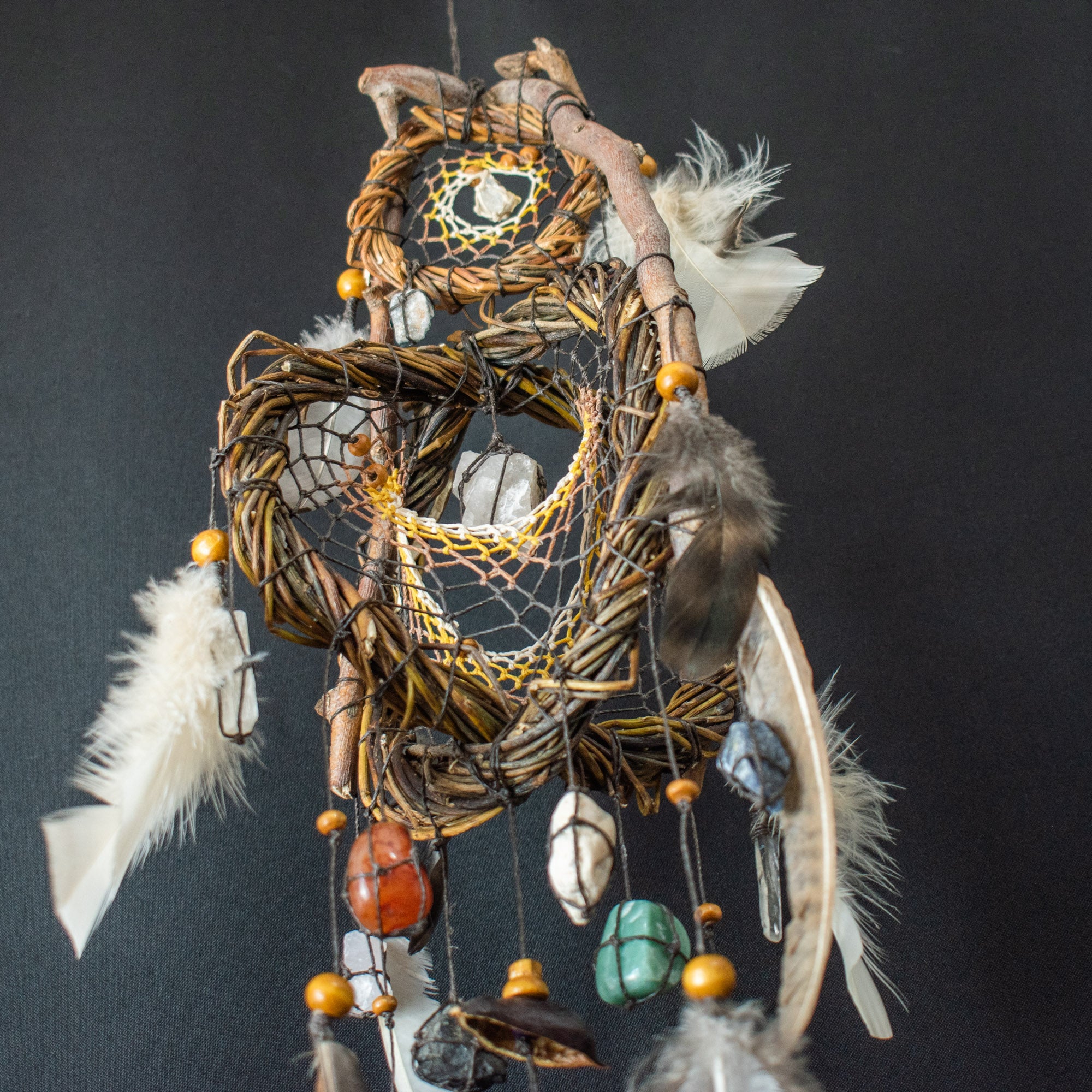 Healing Gemstone Dreamcatcher: Spiritual Protection Mobile with 13 Crystals - 2- Earth Tones