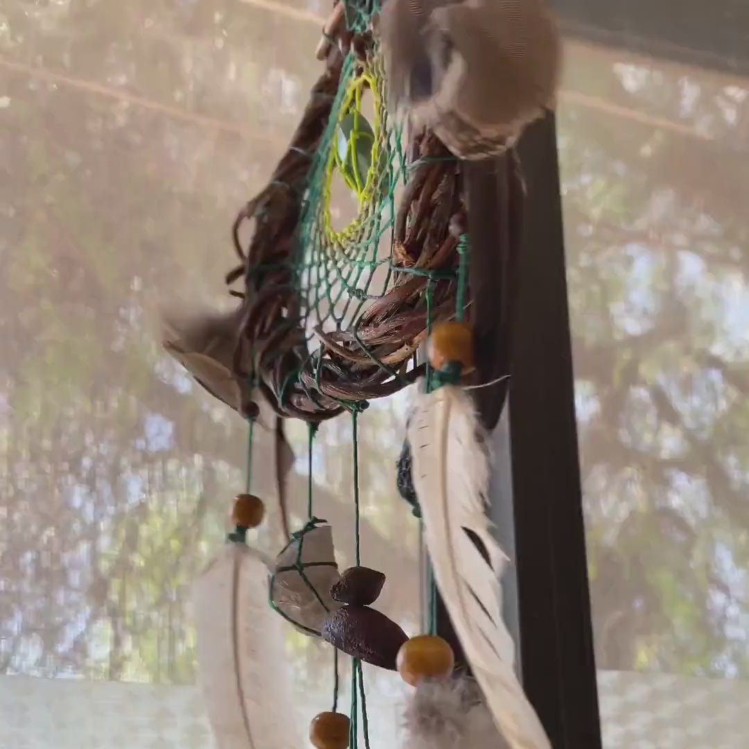 Gemstone Dreamcatcher 6" Handmade • Willow Hoop & Natural Feathers • Healing Crystals Wall Hanging • Earthy Tones Boho Decor