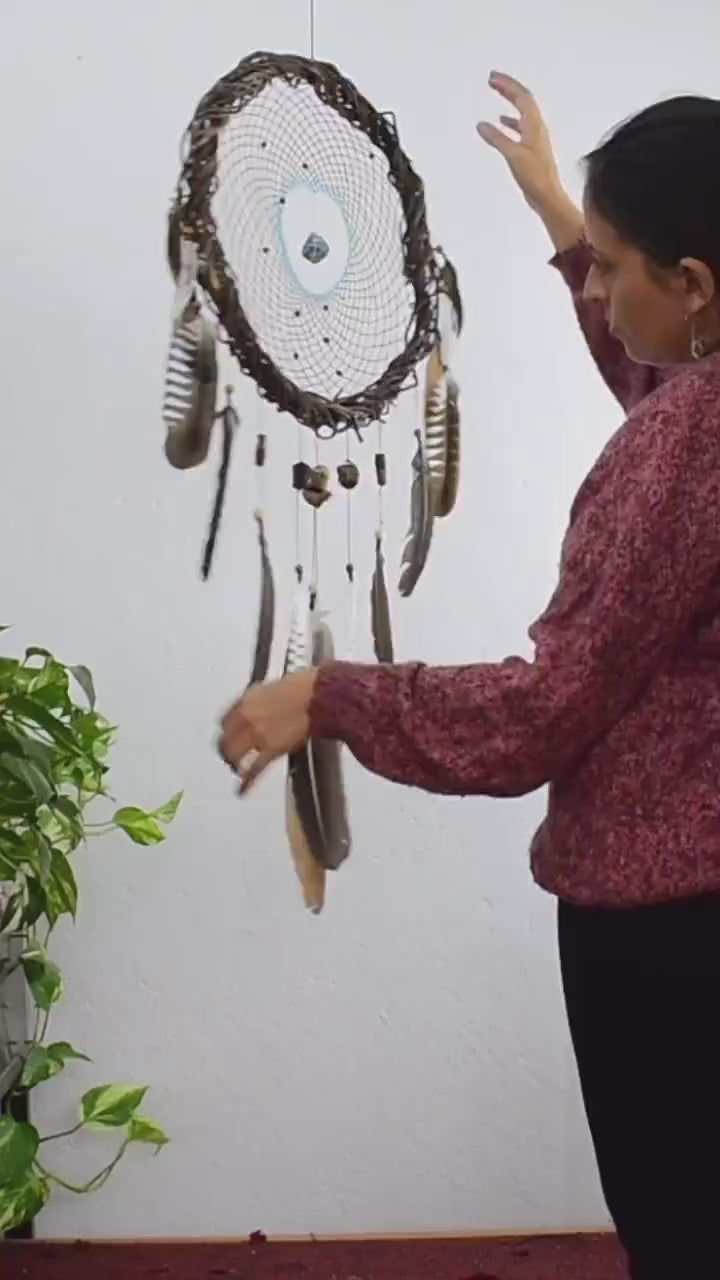 Handmade Earth-Tone Dreamcatcher with Turquoise – 3 Sizes, 3 Healing Crystals & Semi-Precious Stones for Protection and Nightmares Relief