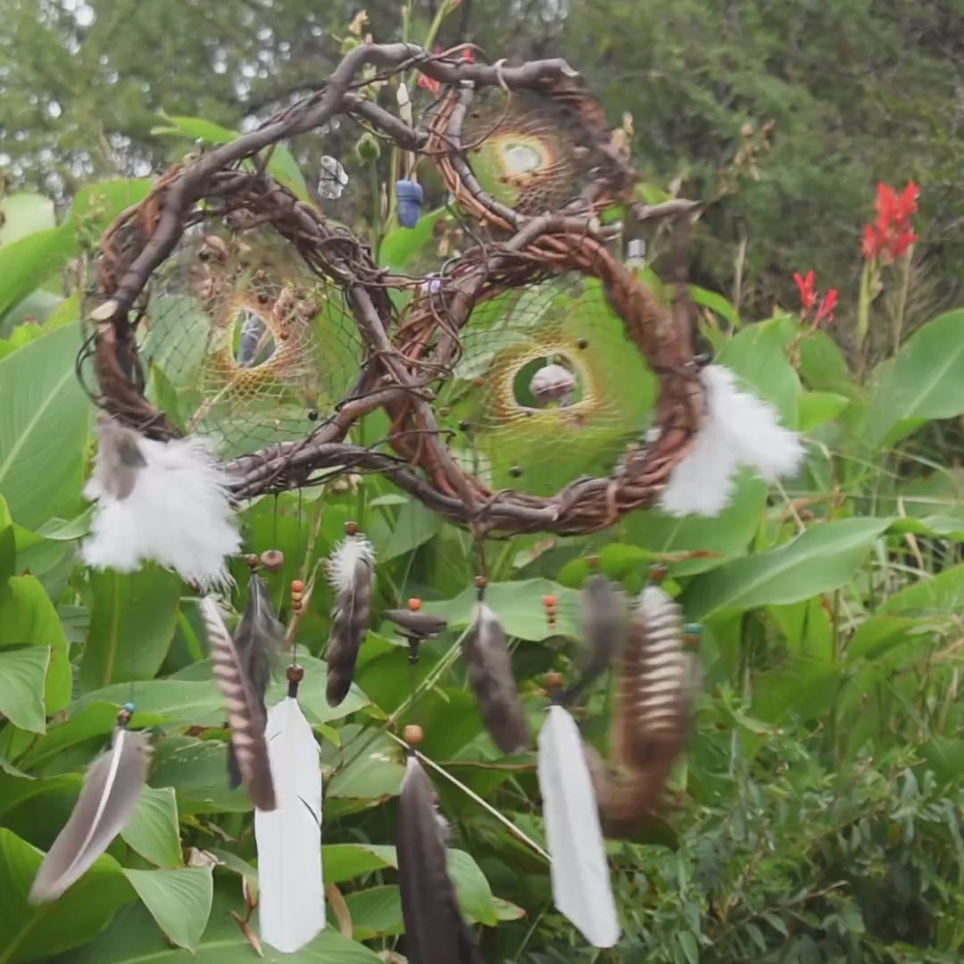 Shaman stone Dreamcatcher with beautiful and interesting feathers, Personalized colored, Crystal Healing and clearing, Kid sleep protection