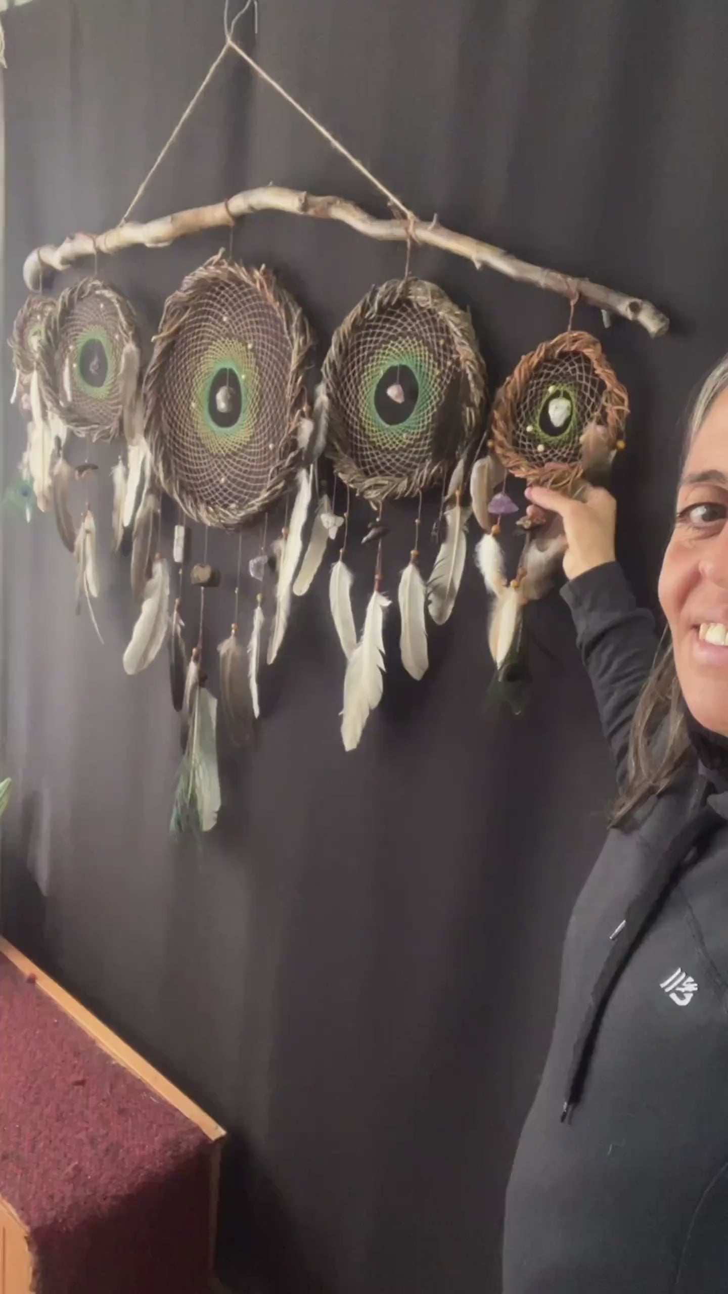 Large 5 Piece Crystal Dreamcatcher Set - Brown Green 15 Gemstones Wall Art