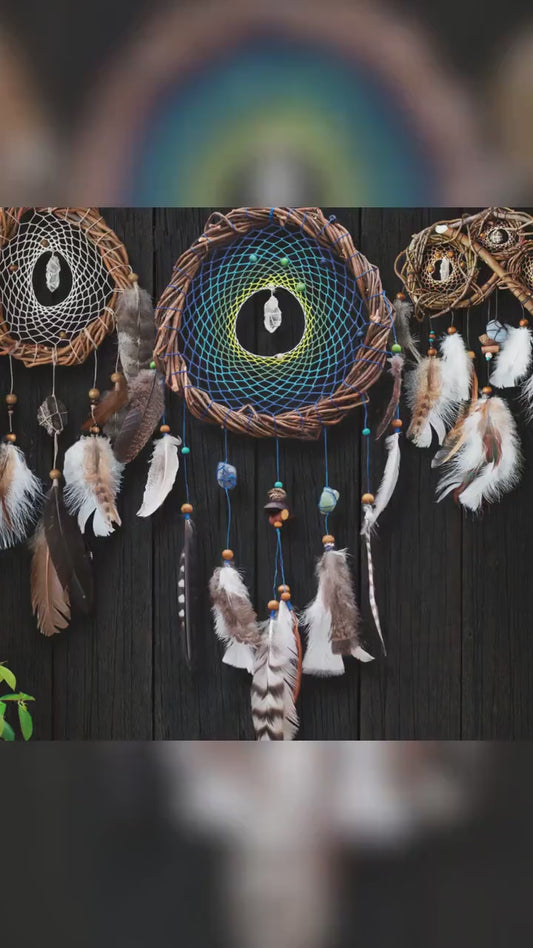 Handmade home decor real dream catcher, Wood dream catcher handmade set of 3, Wooden crystal dream catchers wall decor bedroom above bed