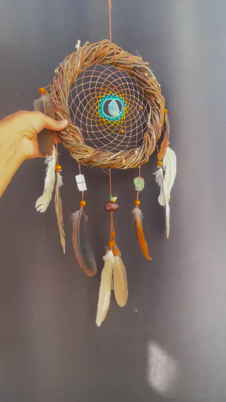 Soothing Blue and Green Dreamcatcher: Willow Wall Art with Healing Crystals - Calming Decor, Anxiety Relief, Natural Gift, Holistic Shamanic