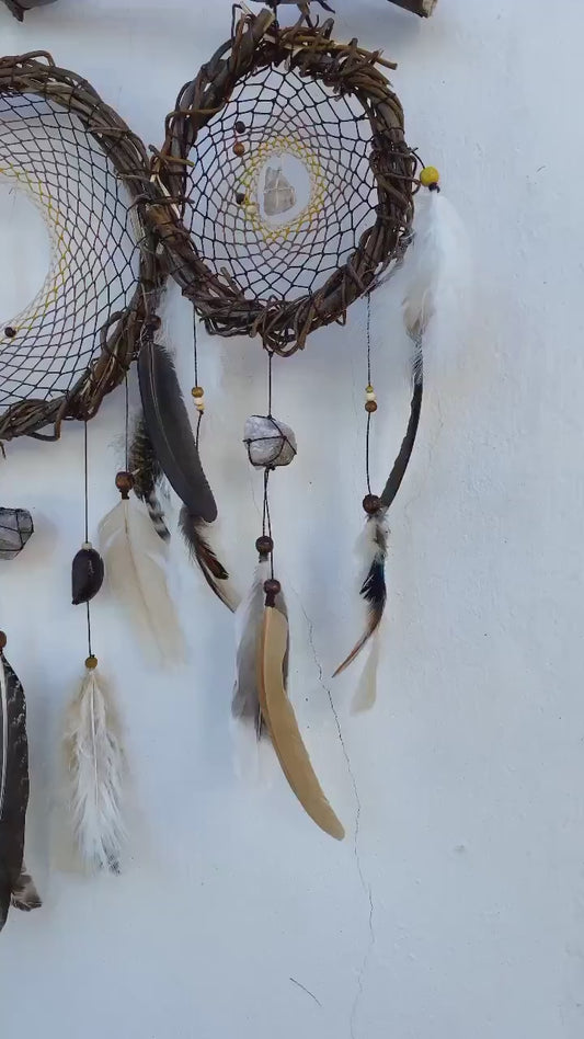 Spiritual Protection Set: 5 brown dreamcatchers with crystals for rustic bedroom decor. Natural gift, shaman healing, witch vibes