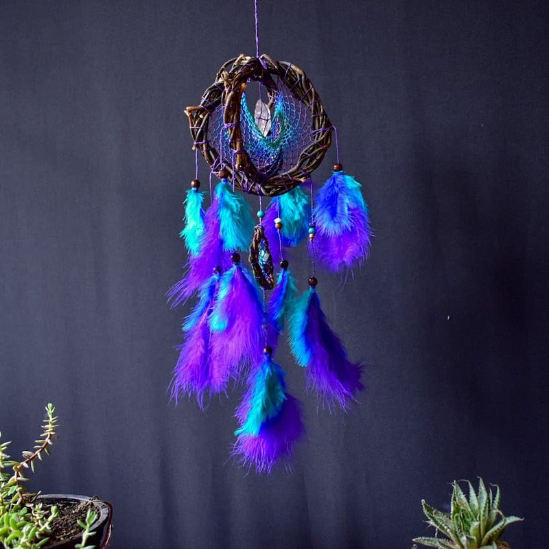 Vibrant 3D Dreamcatcher with Multicolor Semi-Precious Stones, Authentic Willow Wood, Eco-Friendly